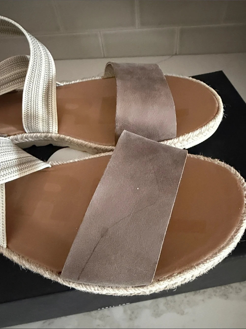 Sorel Ella II Espadrille Wedge in Taupe and Cream Straps